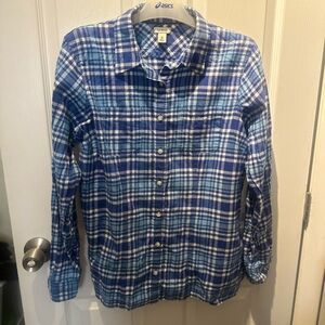 LL Bean Top Shirt Womens Medium Blue  Plaid Button Long Sleeve Casual Soft